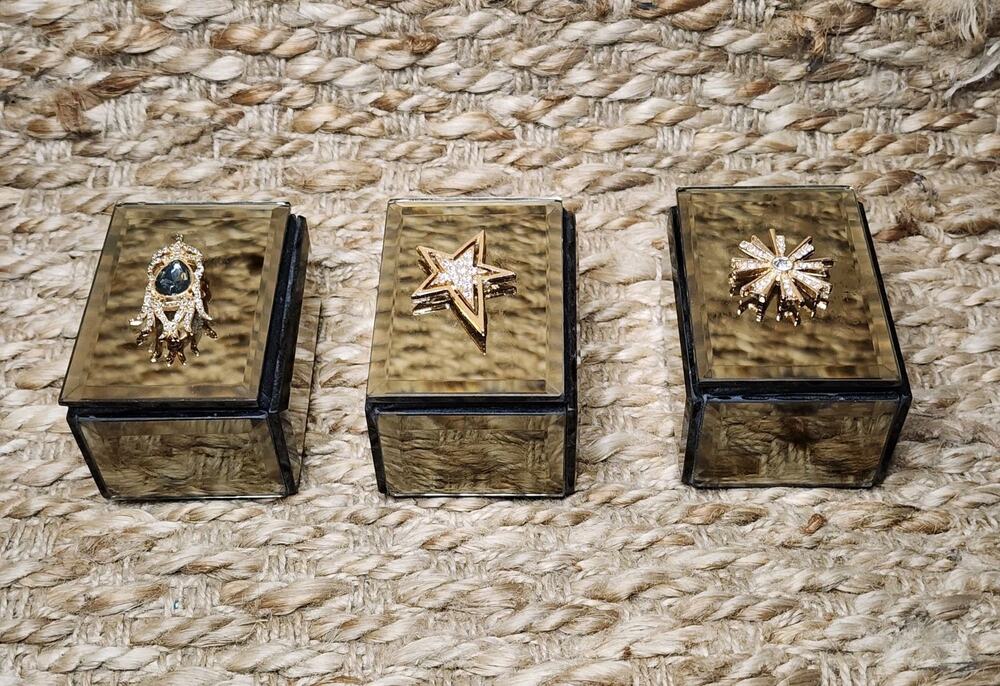 3 Vintage Mirrored Glass Jewelry Trinket Box Embellished Jeweled Vanity Decor